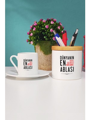 Hedizu Ablaya Hediye Türk Kahvesi Fincanı Beyaz ve Kalemlik