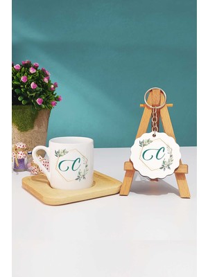 Hedizu Çiçekli C Harfli Türk Kahvesi Fincanı Ahşap Altlıklı ve Anahtarlık