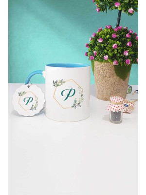 Hedizu Çiçekli P Harfli Mavi Kupa Bardak Anahtarlık