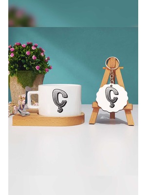 Hedizu Harf Tasarımlı Ç Harfli Ahşap Altlıklı Fincan ve Anahtarlık