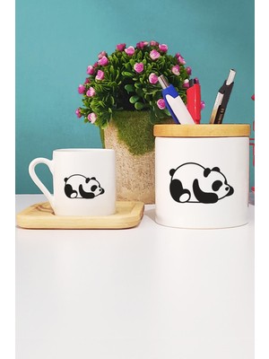 Hedizu Uykucu Panda Türk Kahvesi Fincanı Ahşap Altlıklı ve Kalemlik