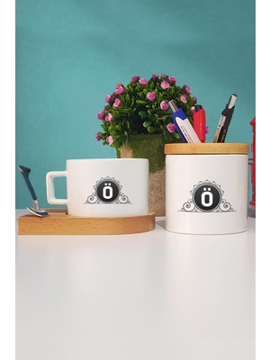 Hedizu Ö Harfli Ahşap Altlıklı Fincan ve Kalemlik