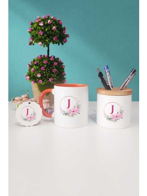 Hedizu Çiçekli J Harfli Turuncu Kupa Bardak Kalemlik Anahtarlık