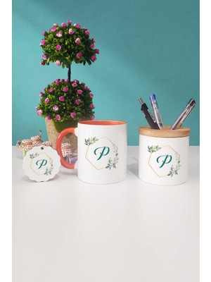 Hedizu Çiçekli P Harfli Turuncu Kupa Bardak Kalemlik Anahtarlık