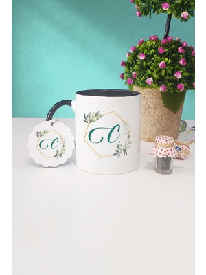 Hedizu Çiçekli C Harfli Siyah Kupa Bardak Anahtarlık