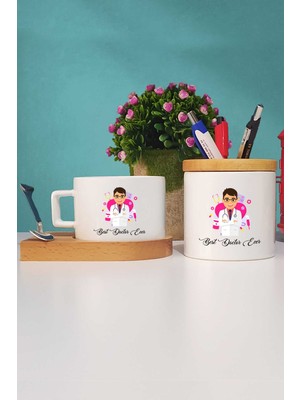 Hedizu Best Doctor Ever Erkek Doktora Hediye Ahşap Altlıklı Fincan ve Kalemlik