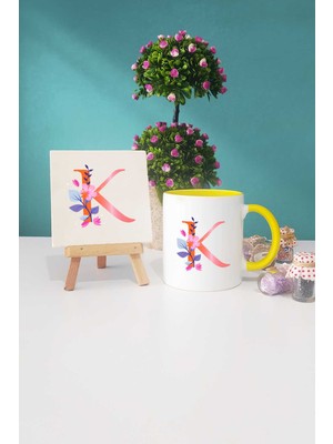 Hedizu Özel Tasarım K Harfli Sarı Kupa Bardak Dekoratif Taş