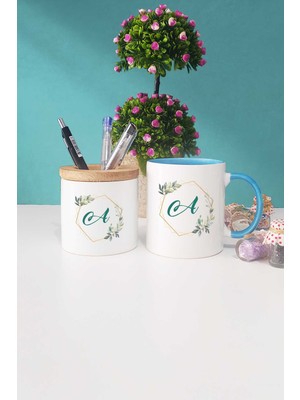 Hedizu Çiçekli A Harfli Mavi Kupa Bardak Kalemlik