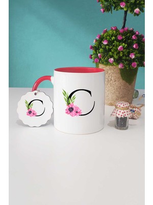 Hedizu Çiçekli C Harfli Kırmızı Kupa Bardak Anahtarlık