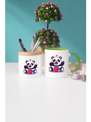 Hedizu Sevimli Panda Yeşil Kupa Bardak Kalemlik