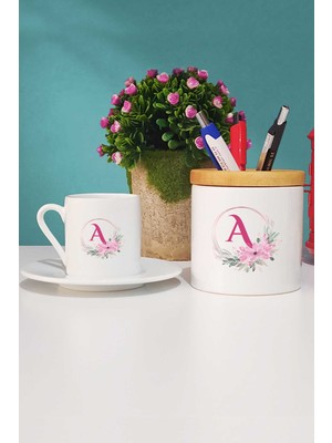 Hedizu Çiçekli A Harfli Türk Kahvesi Fincanı Beyaz ve Kalemlik