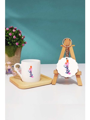 Hedizu Özel Tasarım I Harfli Türk Kahvesi Fincanı Ahşap Altlıklı ve Anahtarlık