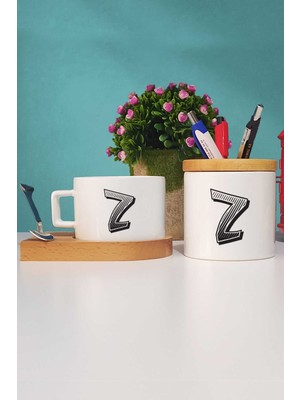 Hedizu Harf Tasarımlı Z Harfli Ahşap Altlıklı Fincan ve Kalemlik