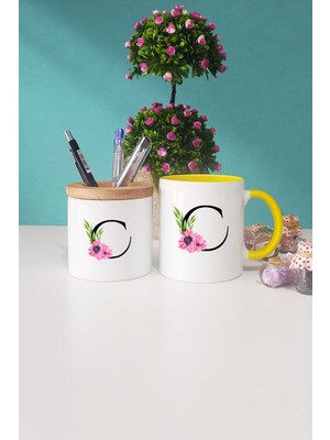 Hedizu Çiçekli C Harfli Sarı Kupa Bardak Kalemlik