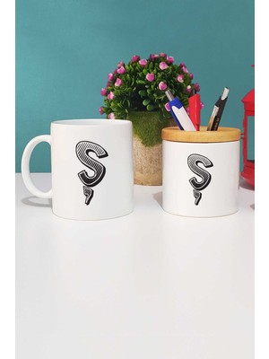 Hedizu Harf Tasarımlı Ş Harfli Kupa Bardak Beyaz ve Kalemlik