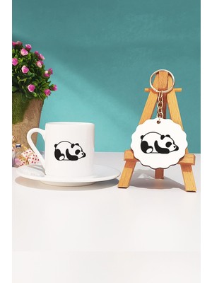 Hedizu Uykucu Panda Türk Kahvesi Fincanı Beyaz ve Anahtarlık