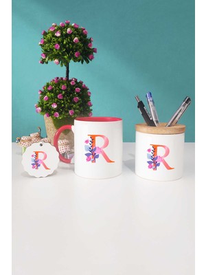 Hedizu Özel Tasarım R Harfli Kırmızı Kupa Bardak Kalemlik Anahtarlık