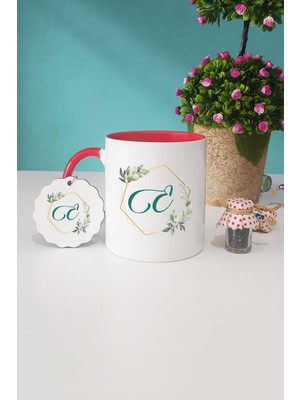 Hedizu Çiçekli E Harfli Kırmızı Kupa Bardak Anahtarlık