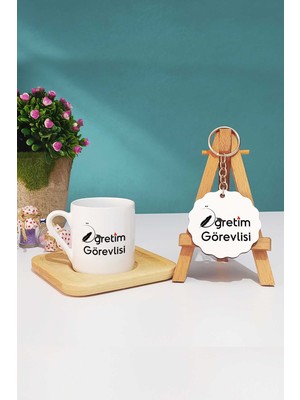 Hedizu Öğretim Görevlisi Hediye Türk Kahvesi Fincanı Ahşap Altlıklı ve Anahtarlık