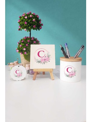 Hedizu Çiçekli C Harfli Dekoratif Taş Anahtarlık Kalemlik