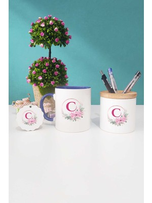 Hedizu Çiçekli C Harfli Lacivert Kupa Bardak Kalemlik Anahtarlık