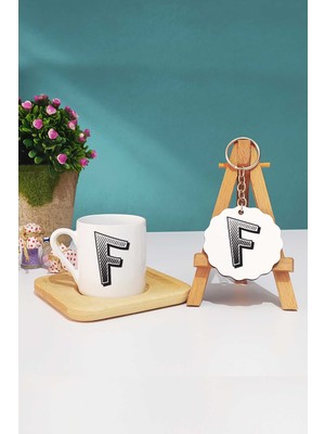 Hedizu Harf Tasarımlı F Harfli Türk Kahvesi Fincanı Ahşap Altlıklı ve Anahtarlık