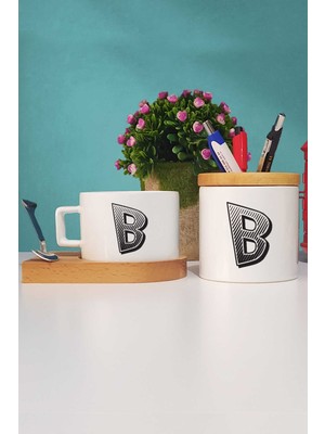 Hedizu Harf Tasarımlı B Harfli Ahşap Altlıklı Fincan ve Kalemlik