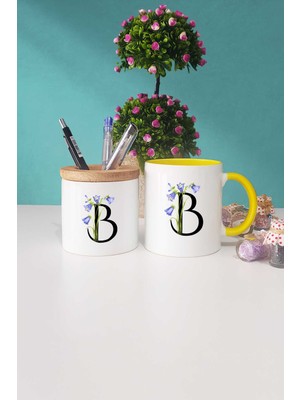 Hedizu Çiçekli B Harfli Sarı Kupa Bardak Kalemlik