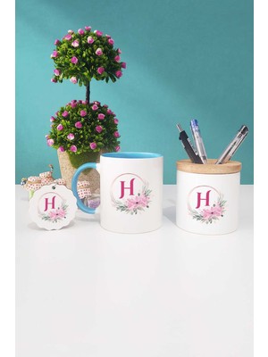 Hedizu Çiçekli H Harfli Mavi Kupa Bardak Kalemlik Anahtarlık