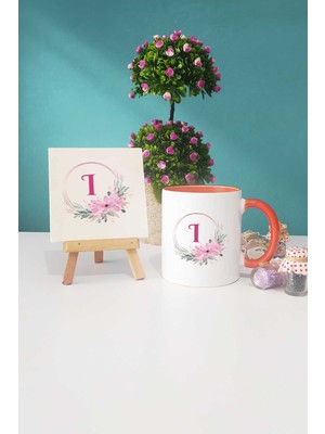 Hedizu Çiçekli I Harfli Turuncu Kupa Bardak Dekoratif Taş