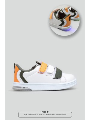 Cool Kaymaz Taban Işıklı Cırtlı Beyaz Haki Çocuk Spor Ayakkabı Mami