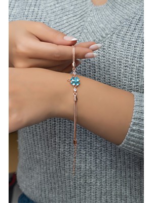 Nereze 925 Ayar Gümüş Rose Aquamarin Taşlı Yonca Model Bileklik