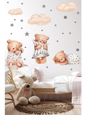 İpek Etiket 3'lü Uyuyan Ayıcık Bulutlar ve Yıldızlar Çocuk Bebek Odası Sticker Seti