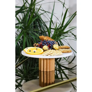 Doğal Mermer Stand , Ahşap Ayaklı Kek Standı,mermer Sunumluk, Mermer Peynir Tabağı 28 cm