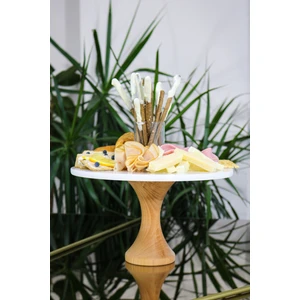 Doğal Mermer Stand , Ahşap Ayaklı Kek Standı,mermer Sunumluk, Mermer Kahve Köşesi Sunumluk  28 cm