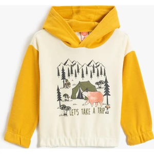 Ayıcık Baskılı Kapşonlu Sweatshirt Renk Kontrastlı Manşetleri ve Beli Lastikli