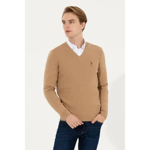 U.S. Polo Assn. Erkek Camel Melanj Triko Kazak 50258314-VR122