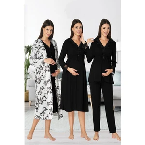 Effort Kadın Siyah Uzun Kollu Pijama Takımı Gecelik Sabahlık Lohusa Hamile 4'lü Set 8096