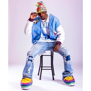 Unisex Oversize Nakiş Işlemeli Mavi Bomber Kolej Ceket