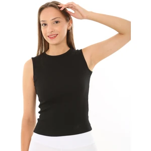 Kadın Siyah Sıfır Kol Bisiklet Yaka T-shirt Bluz Body Atlet Fitilli Kaşkorse
