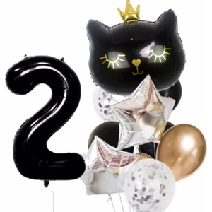 Parti Station Siyah Kedi Kara Kedi Balon Set Yıldız Balon Folyo Set Konsept Doğum Günü Set Yaş Balon Set