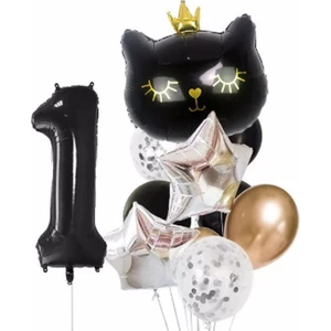 Parti Station Siyah Kedi Kara Kedi Balon Set Yıldız Balon Folyo Set Konsept Doğum Günü Set Yaş Balon Set