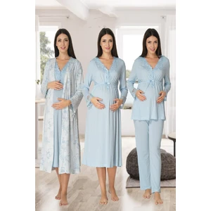 Effort Kadın Mavi Uzun Kollu Pijama Takımı Gecelik Sabahlık Lohusa Hamile 4'lü Set 8096