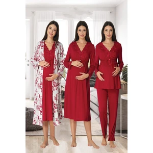 Effort Kadın Vişne Uzun Kollu Pijama Takımı Gecelik Sabahlık Lohusa Hamile 4'lü Set 8096
