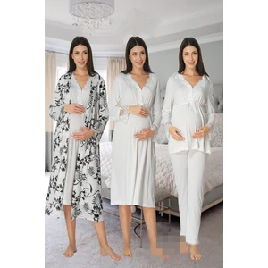 Effort Kadın Ekru Uzun Kollu Pijama Takımı Gecelik Sabahlık Lohusa Hamile 4'lü Set 8096
