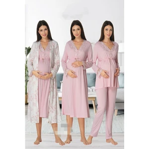 Effort Kadın Pembe Uzun Kollu Pijama Takımı Gecelik Sabahlık Lohusa Hamile 4'lü Set 8096