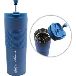 NRD Life Kişiye Özel Isim Baskılı French Press Mavi Çelik Termos Mug 450 ml (3 Fonksiyonlu)