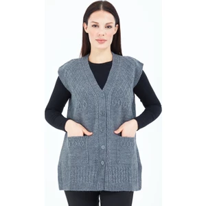 Elçelya Moda Kadın Gri V Yaka Düğmeli Cepli Örgü Yün Anne Triko Yelek