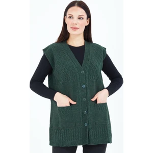Elçelya Moda Kadın Haki Yeşil V Yaka Düğmeli Cepli Örgü Yün Anne Triko Yelek