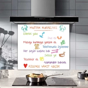 Renkli Mutfak Kuralları | Cam Ocak Arkası Koruyucu | Beyaz Fon | 52CM x 60CM